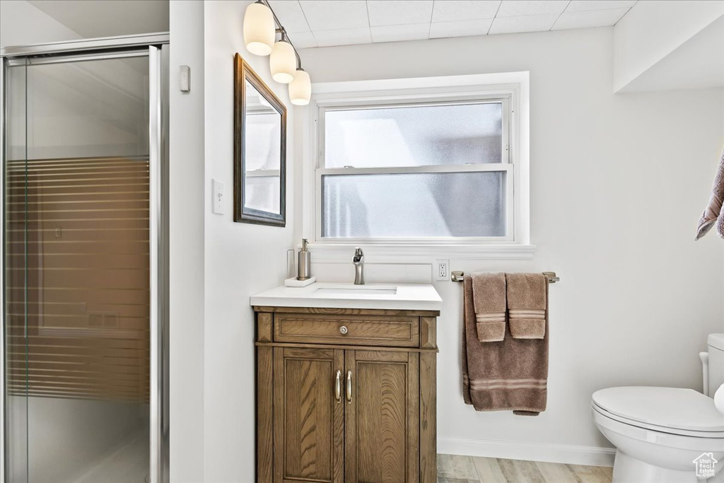 Bathroom featuring a shower with door, toilet, vanity with extensive cabinet space, and hardwood / wood-style floors