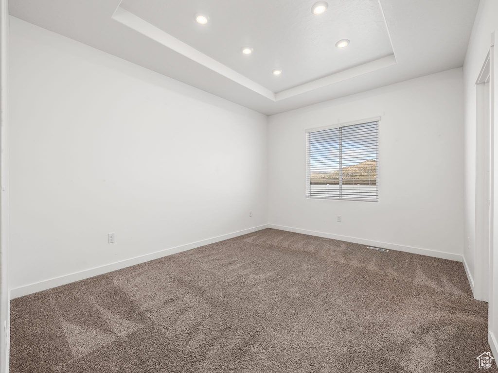 Carpeted spare room with a raised ceiling