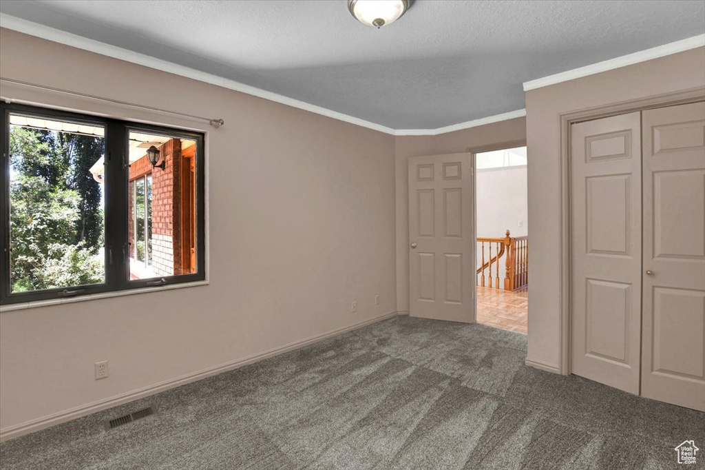 Unfurnished bedroom featuring dark colored carpet, multiple windows, a closet, and crown molding