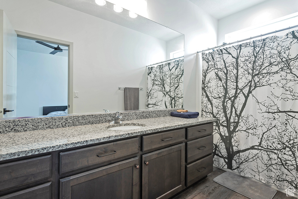 Bathroom featuring vanity, ceiling fan, and hardwood / wood-style floors