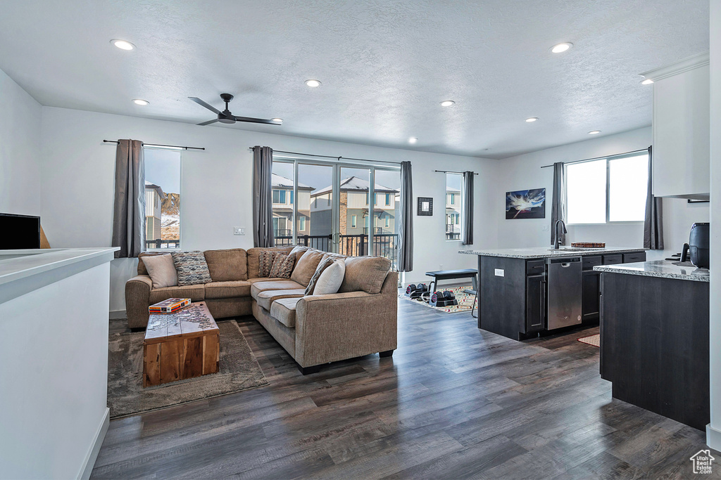 Living room with dark hardwood / wood-style floors, a textured ceiling, sink, and ceiling fan