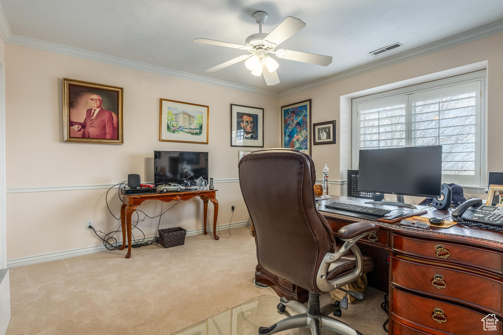 Carpeted office featuring crown molding and ceiling fan