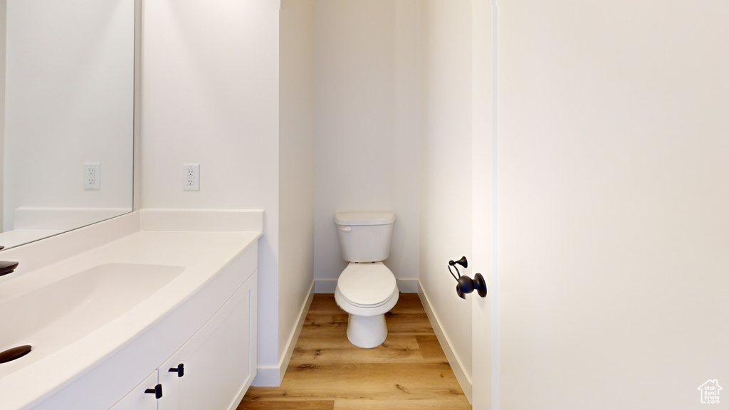 Bathroom featuring wood-type flooring, vanity, and toilet