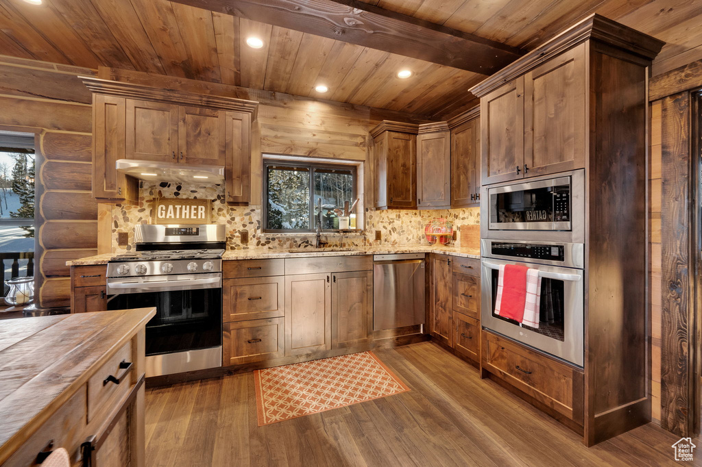 Kitchen with wooden counters, rustic walls, light hardwood / wood-style floors, wooden ceiling, and appliances with stainless steel finishes