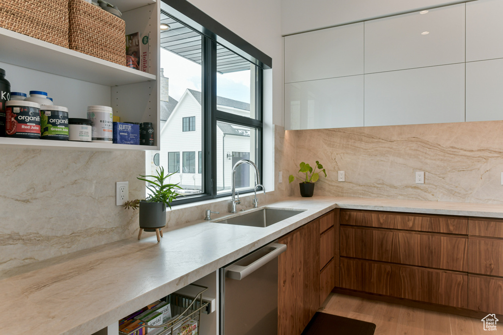 Kitchen featuring backsplash, stainless steel dishwasher, white cabinets, light hardwood / wood-style floors, and sink
