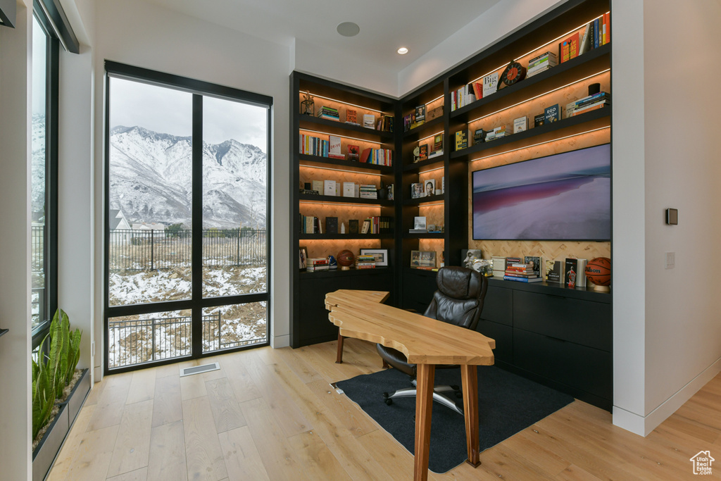 Office space featuring a mountain view, light wood-type flooring, and plenty of natural light