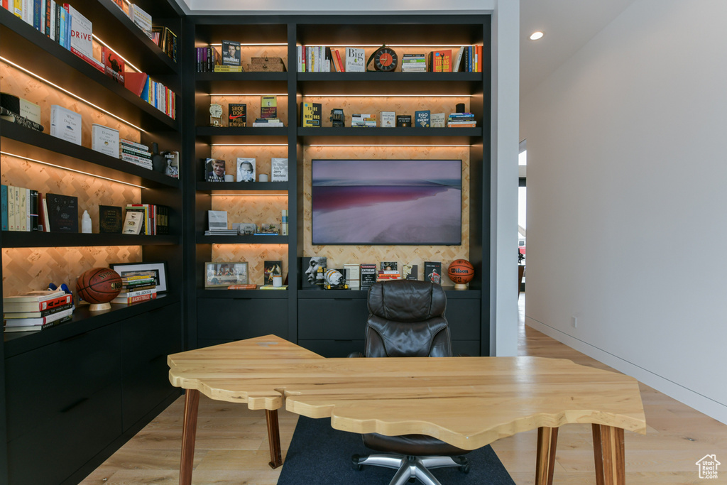 Office area featuring light wood-type flooring