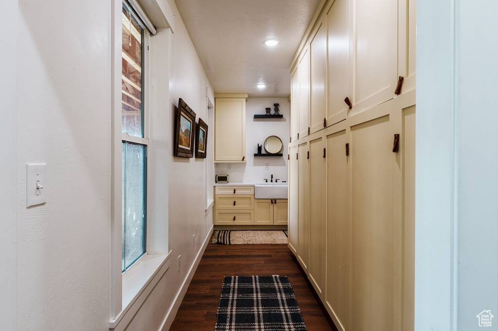 Hallway with dark hardwood / wood-style floors and sink