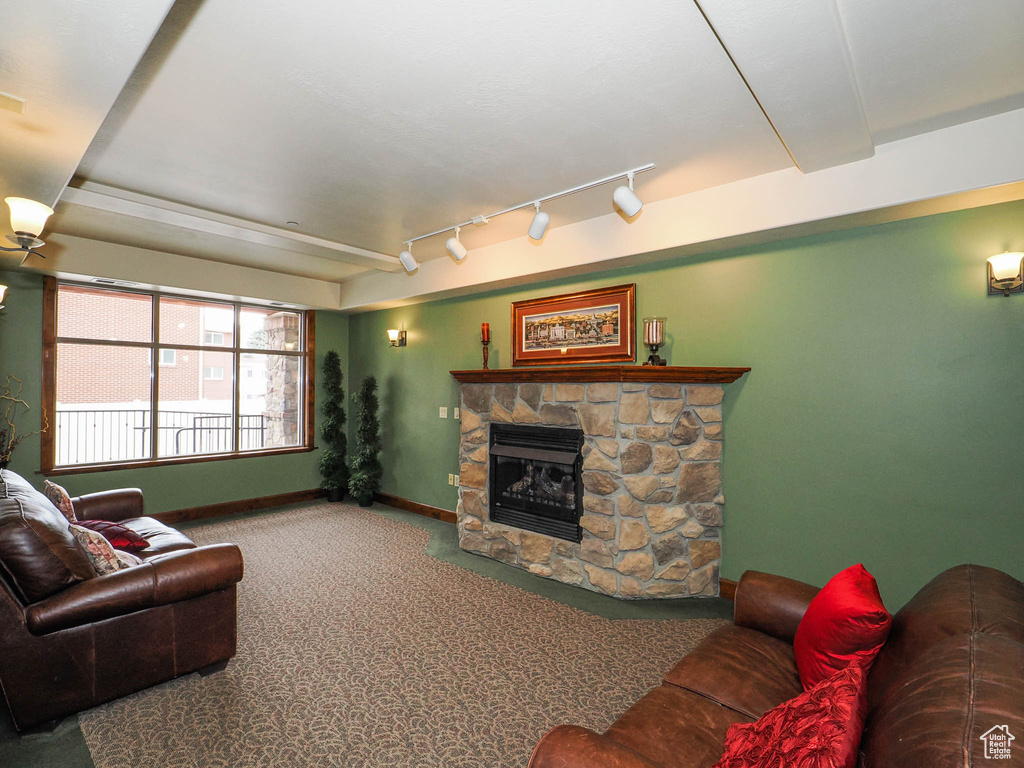 Carpeted living room featuring a fireplace and rail lighting
