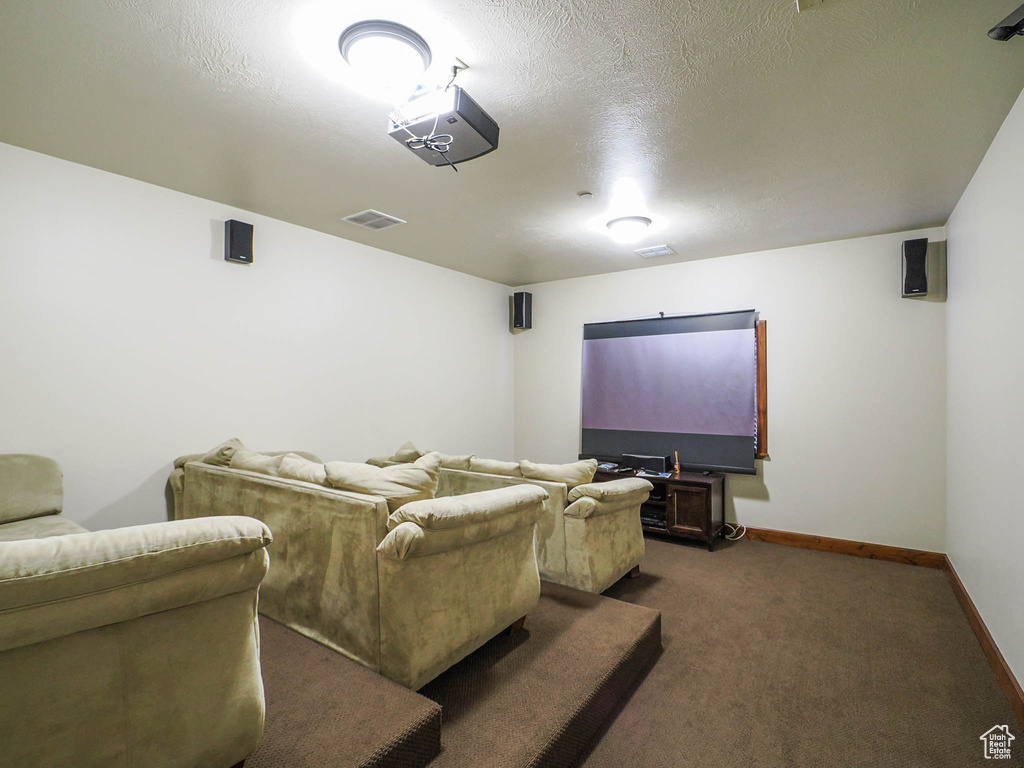 Cinema room with dark colored carpet and a textured ceiling