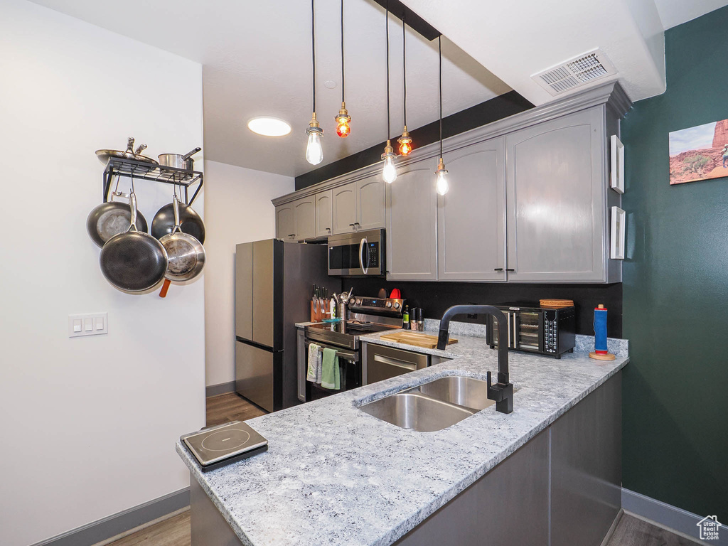 Kitchen featuring sink, pendant lighting, dark hardwood / wood-style flooring, stainless steel appliances, and light stone countertops