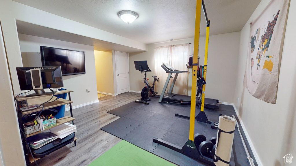 Workout room featuring light hardwood / wood-style flooring