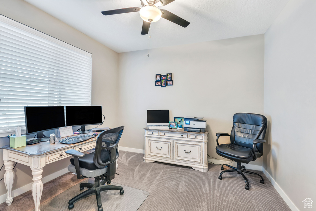Office space featuring light carpet and ceiling fan
