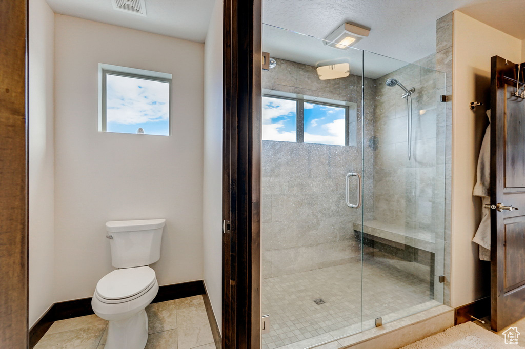 Bathroom featuring plenty of natural light, tile floors, toilet, and walk in shower
