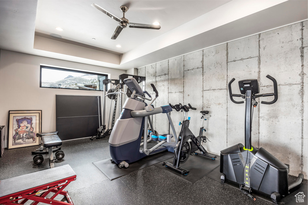 Exercise area featuring a tray ceiling and ceiling fan