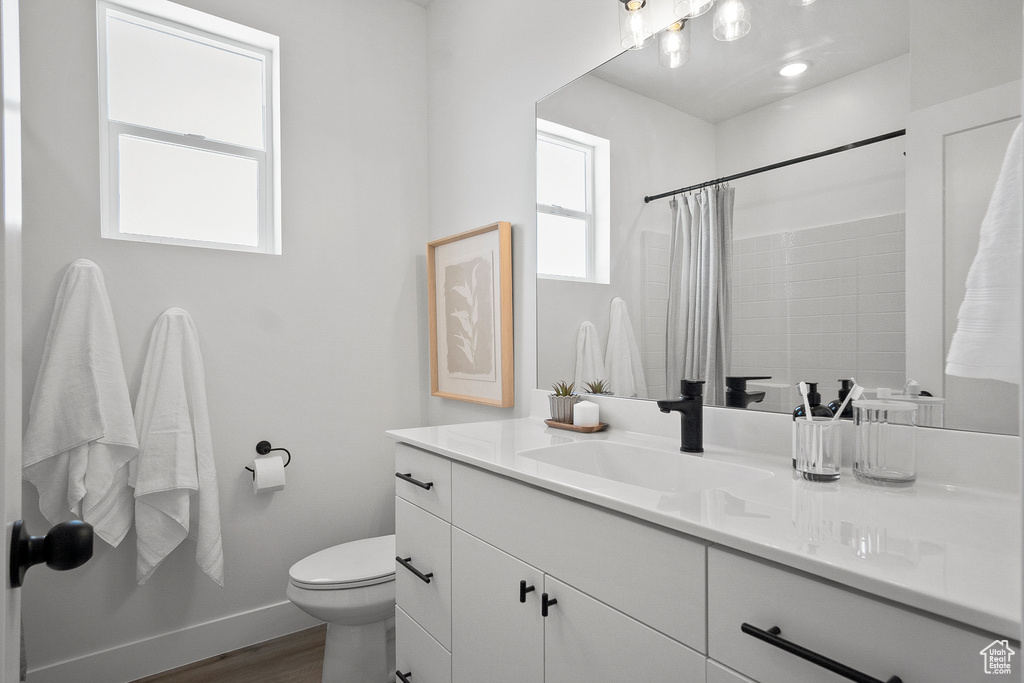 Bathroom featuring oversized vanity, hardwood / wood-style floors, and toilet