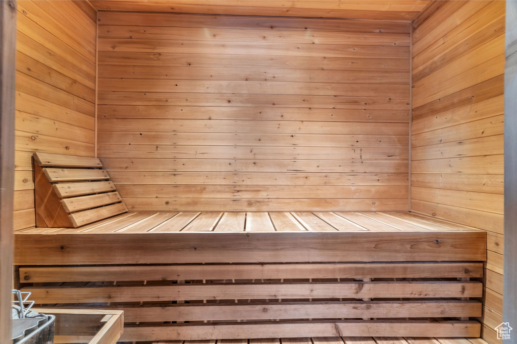 View of sauna with wooden walls