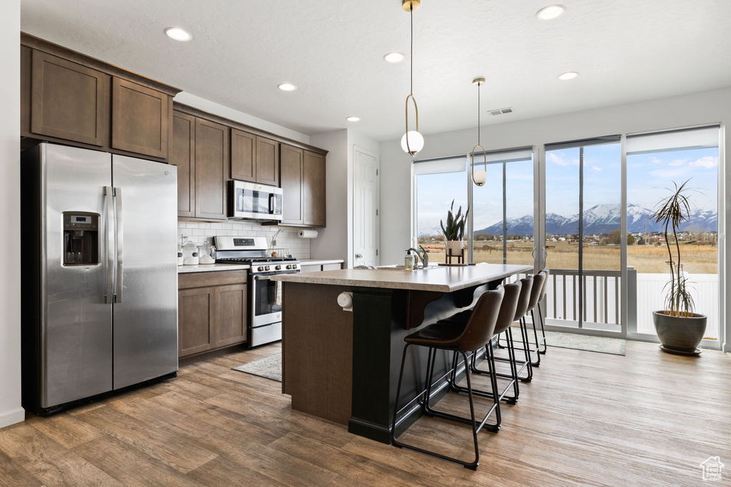 Kitchen featuring pendant lighting, tasteful backsplash, a mountain view, wood-type flooring, and stainless steel appliances