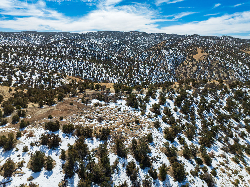 Snowy aerial view featuring a mountain view