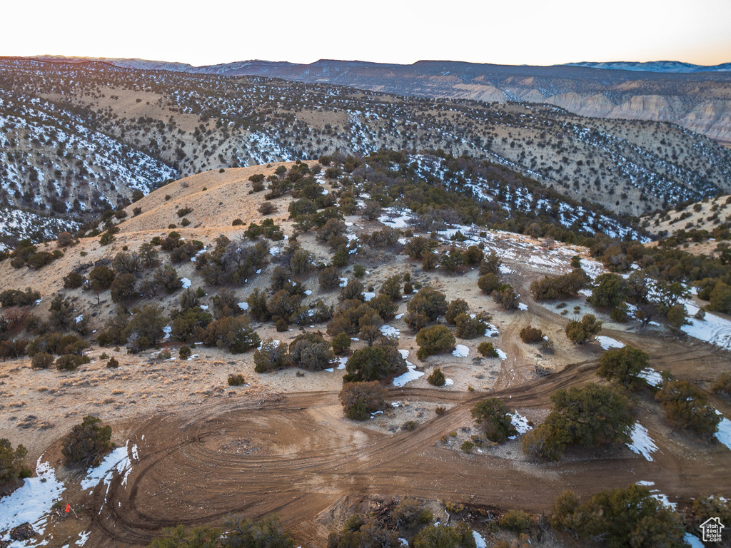 Aerial view at dusk with a mountain view