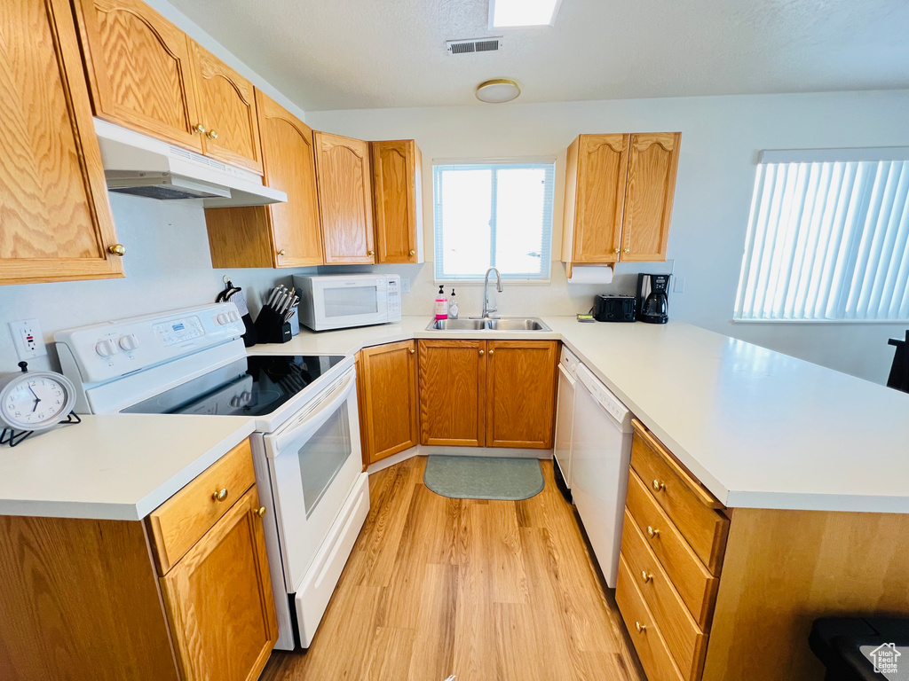 Kitchen featuring sink, light wood-type flooring, white appliances, and kitchen peninsula