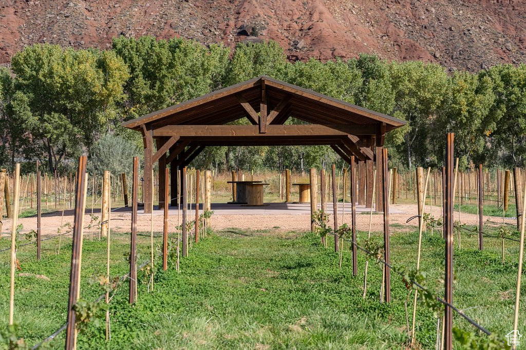 View of nearby features featuring a gazebo and a yard