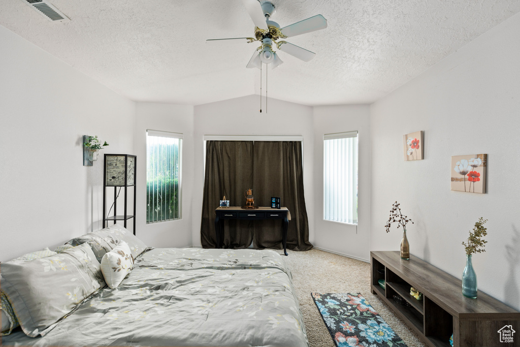Bedroom featuring a textured ceiling, multiple windows, light carpet, and ceiling fan