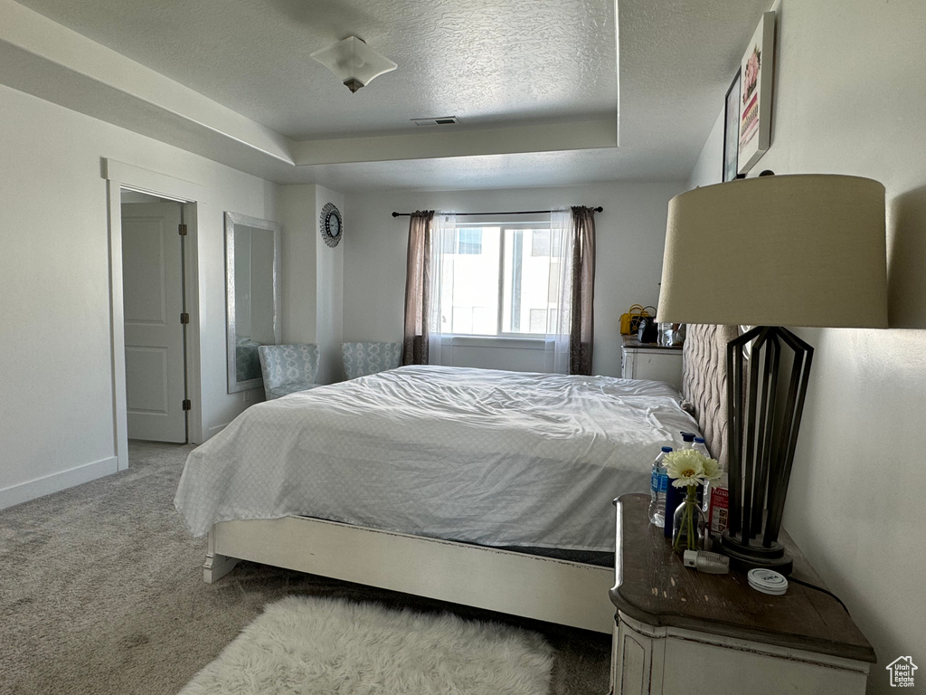 Bedroom with light carpet, a tray ceiling, and a textured ceiling