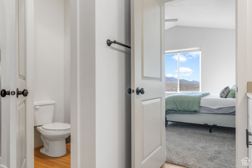Bathroom with toilet, lofted ceiling, and hardwood / wood-style floors