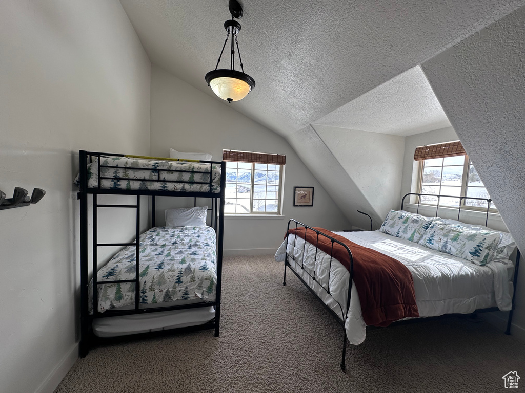 Bedroom featuring carpet floors, multiple windows, a textured ceiling, and vaulted ceiling