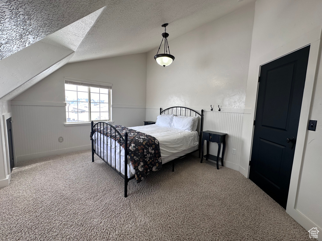 Carpeted bedroom with a textured ceiling and lofted ceiling