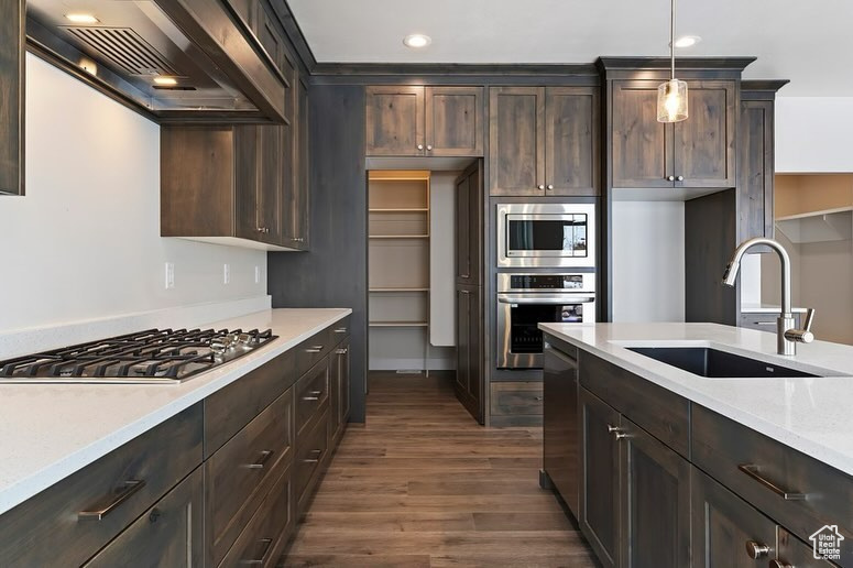 Kitchen with sink, custom exhaust hood, hanging light fixtures, dark hardwood / wood-style flooring, and appliances with stainless steel finishes