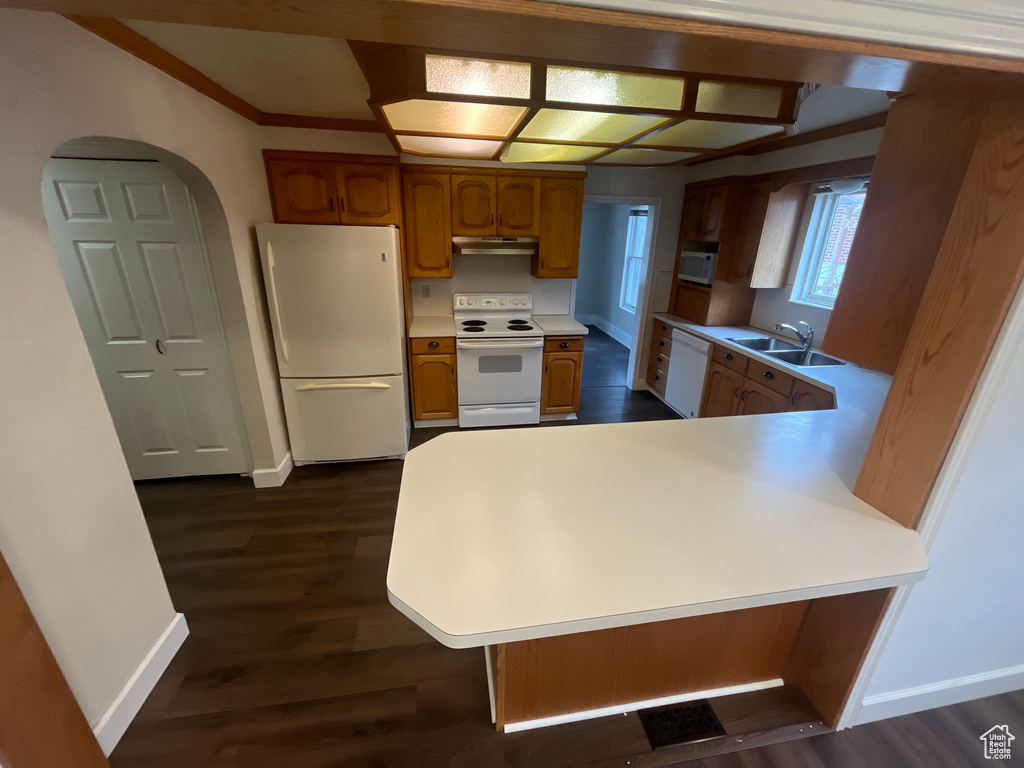 Kitchen with sink, white appliances, and dark wood-type flooring