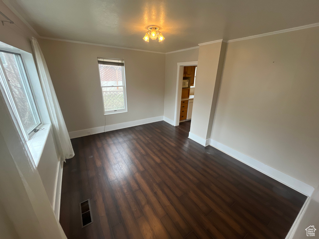 Spare room with crown molding and dark wood-type flooring