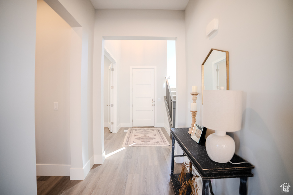 Entrance foyer with light hardwood / wood-style floors