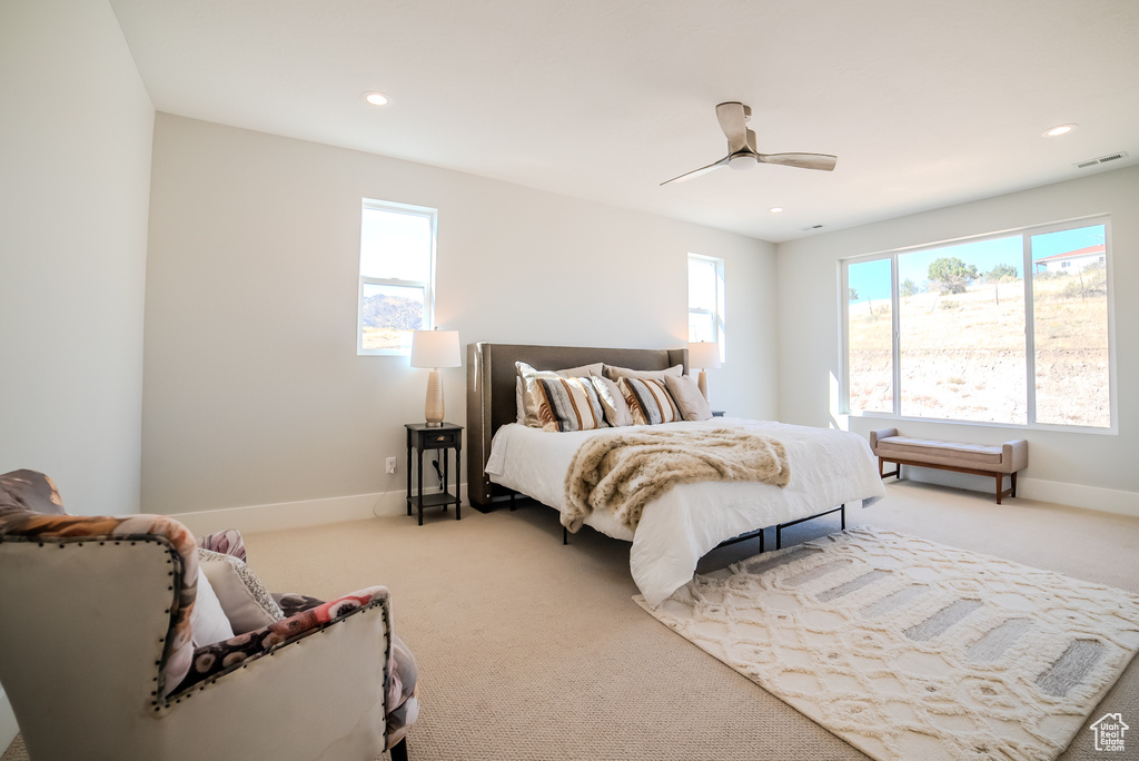 Carpeted bedroom featuring ceiling fan and multiple windows