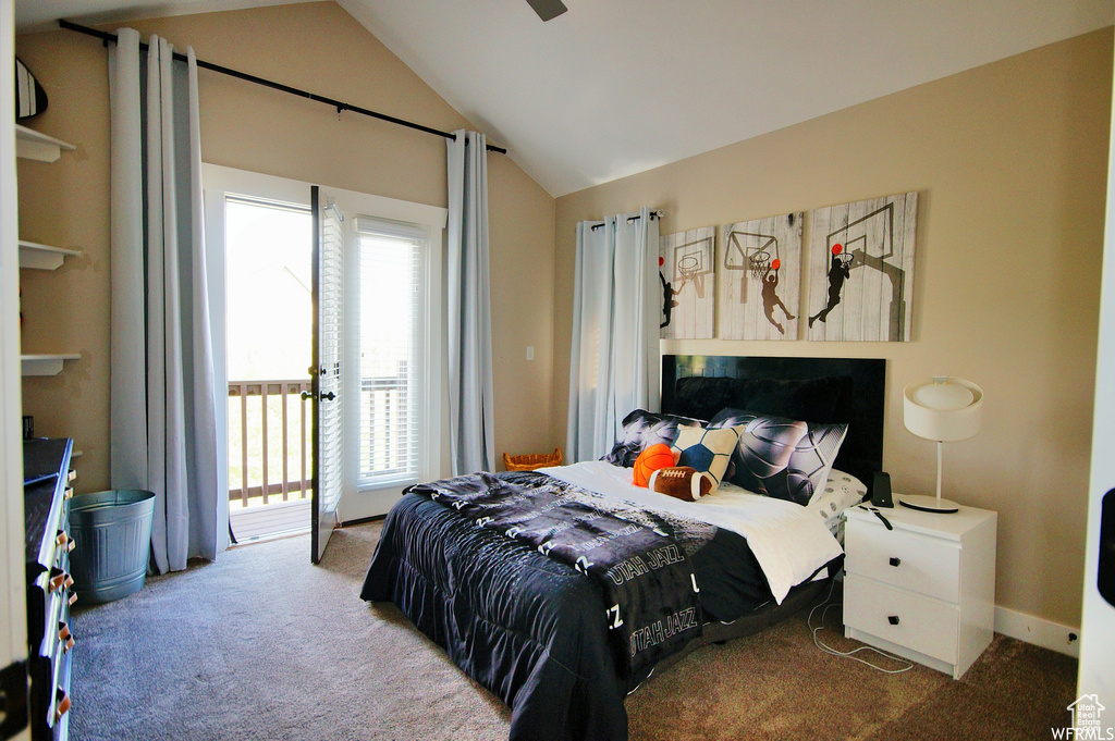 Bedroom featuring access to exterior, carpet, lofted ceiling, and ceiling fan