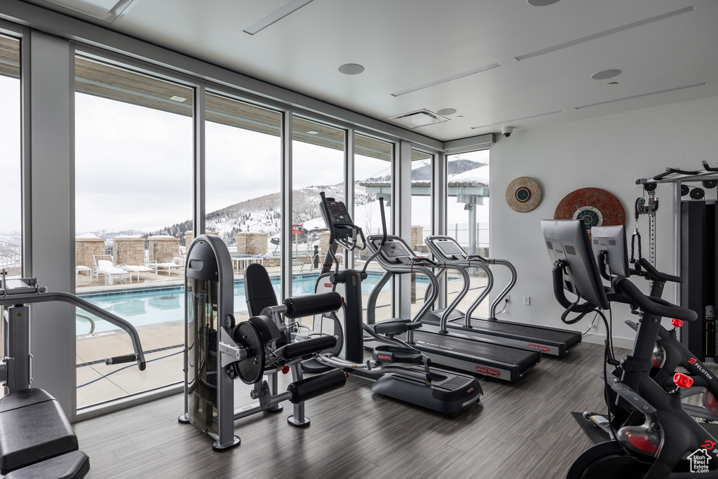 Gym with wood-type flooring, a healthy amount of sunlight, and a mountain view