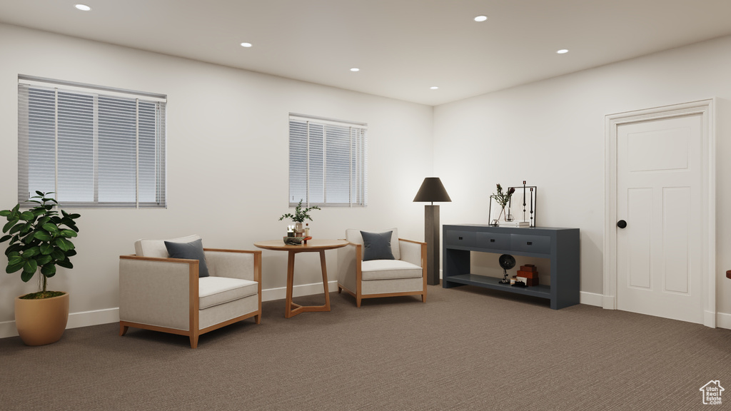 Living area featuring dark colored carpet