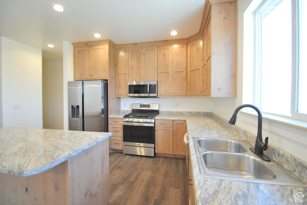 Kitchen with sink, plenty of natural light, stainless steel appliances, and dark wood-type flooring