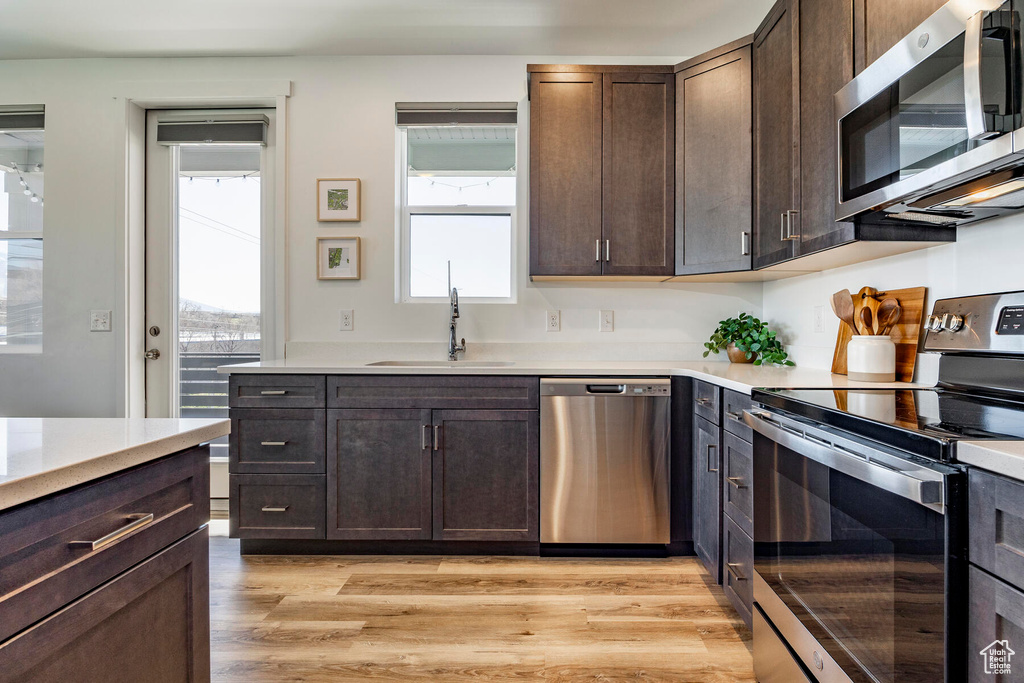 Kitchen featuring light hardwood / wood-style flooring, dark brown cabinets, sink, and stainless steel appliances