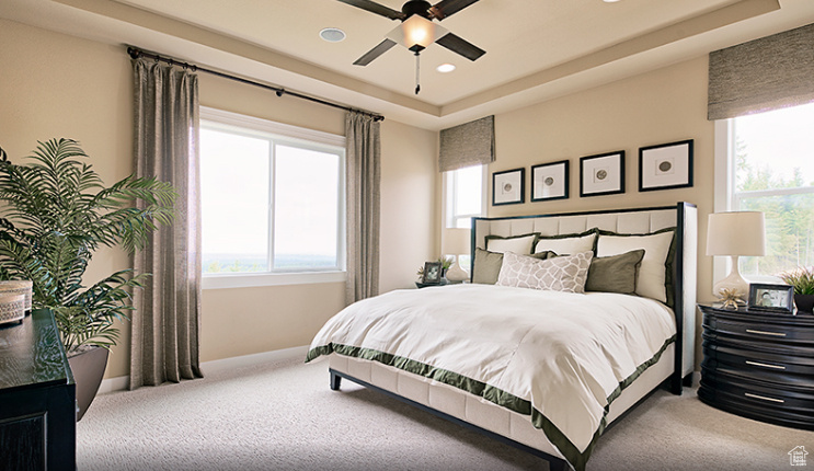 Carpeted bedroom featuring multiple windows, a tray ceiling, and ceiling fan