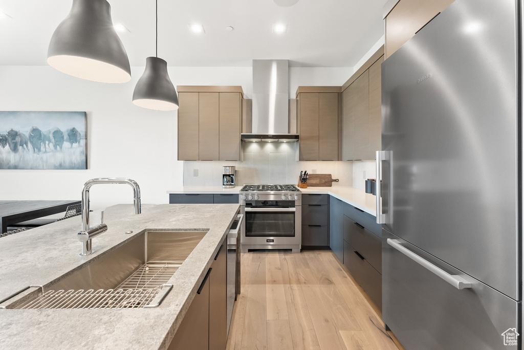 Kitchen featuring pendant lighting, tasteful backsplash, wall chimney exhaust hood, light hardwood / wood-style flooring, and stainless steel appliances