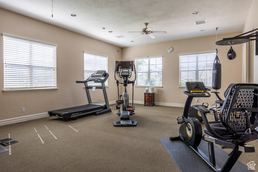 Exercise area featuring dark carpet, a textured ceiling, plenty of natural light, and ceiling fan