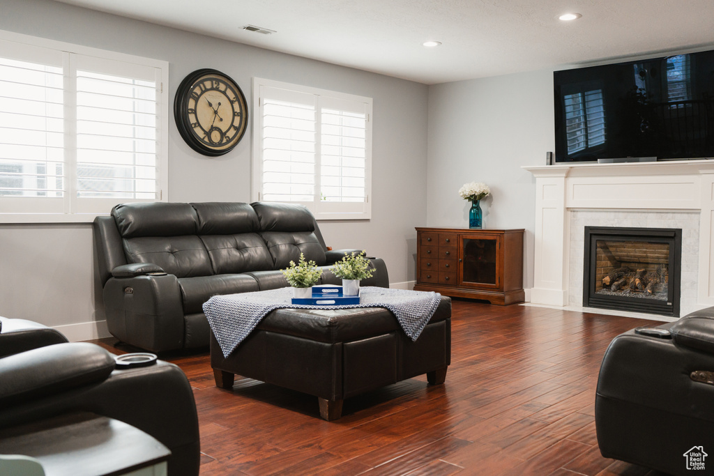 Living room with plenty of natural light and dark hardwood / wood-style flooring