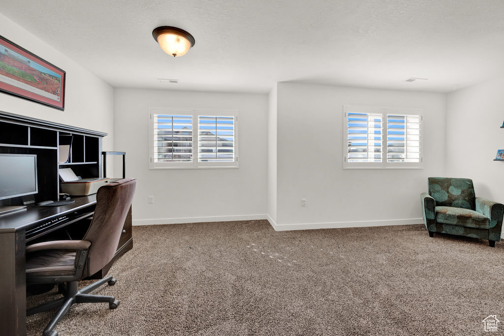 Office space featuring plenty of natural light and dark carpet