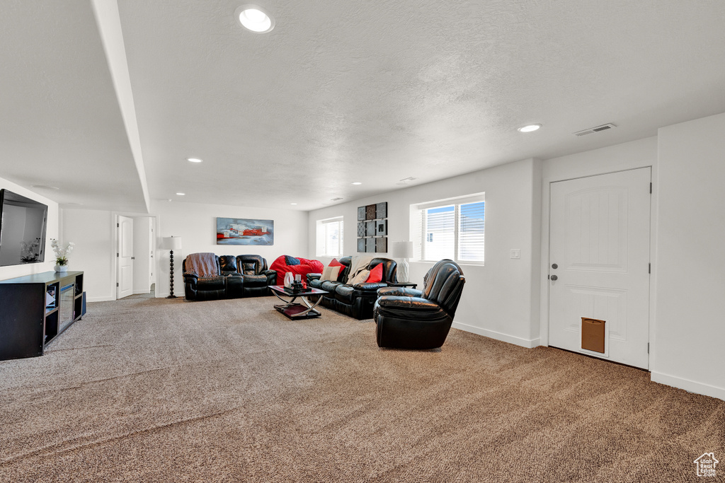 Living room featuring light colored carpet and a textured ceiling