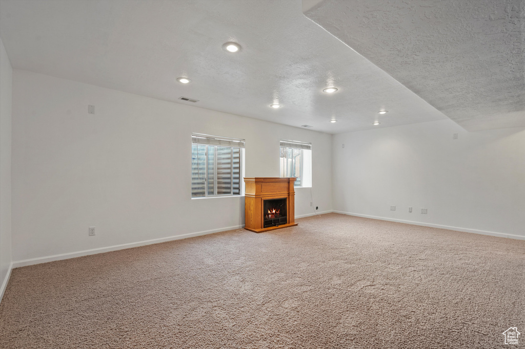 Unfurnished living room with light colored carpet and a textured ceiling