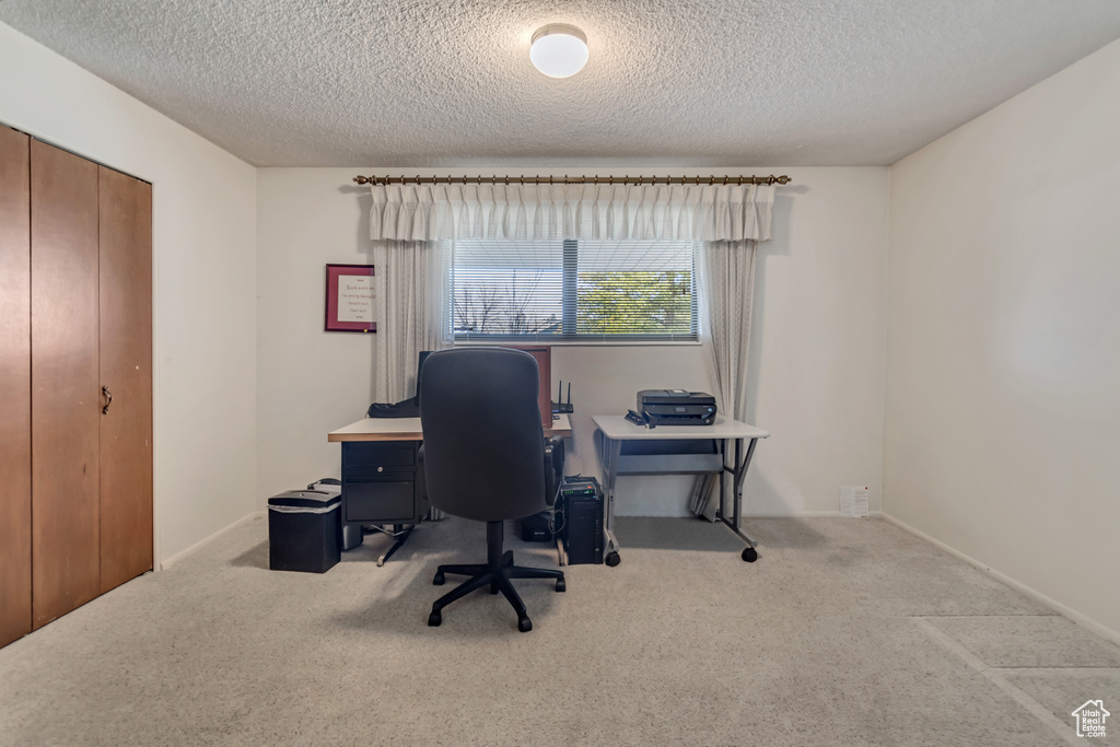 Office space featuring a textured ceiling and light colored carpet