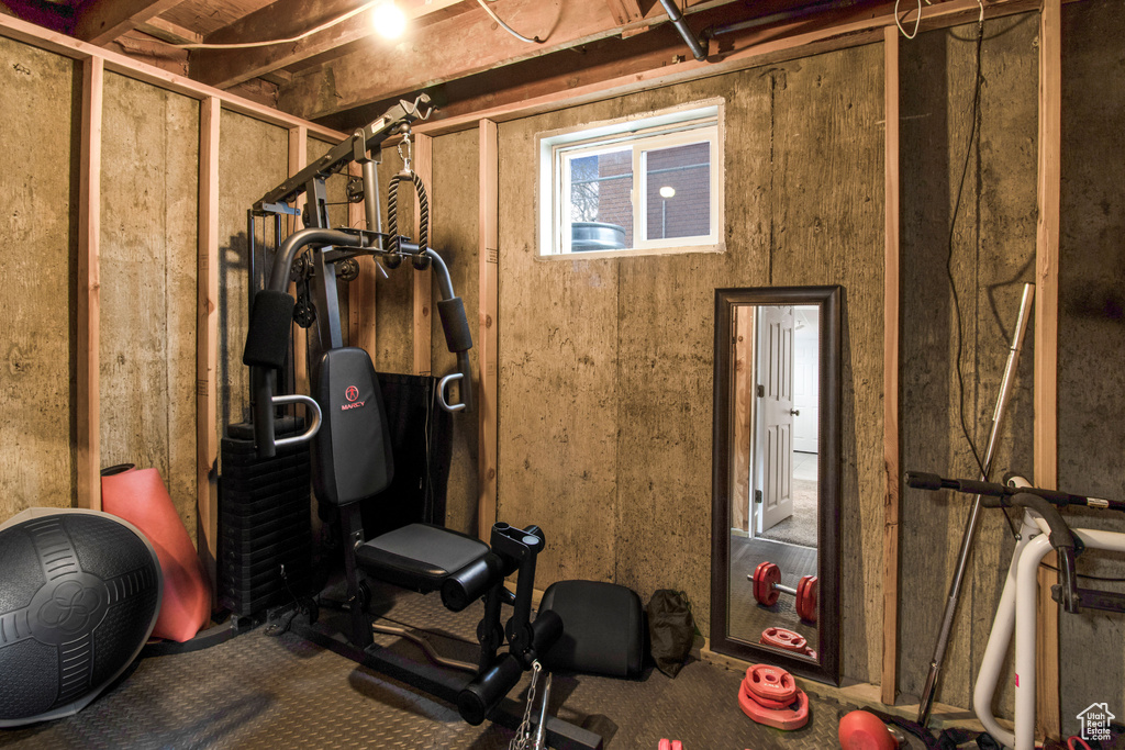 Workout area with dark carpet